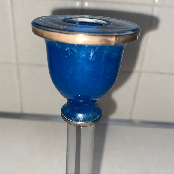 Vintage Blue & Clear Glass Candlestick Bronze Color Etching  display picture 1